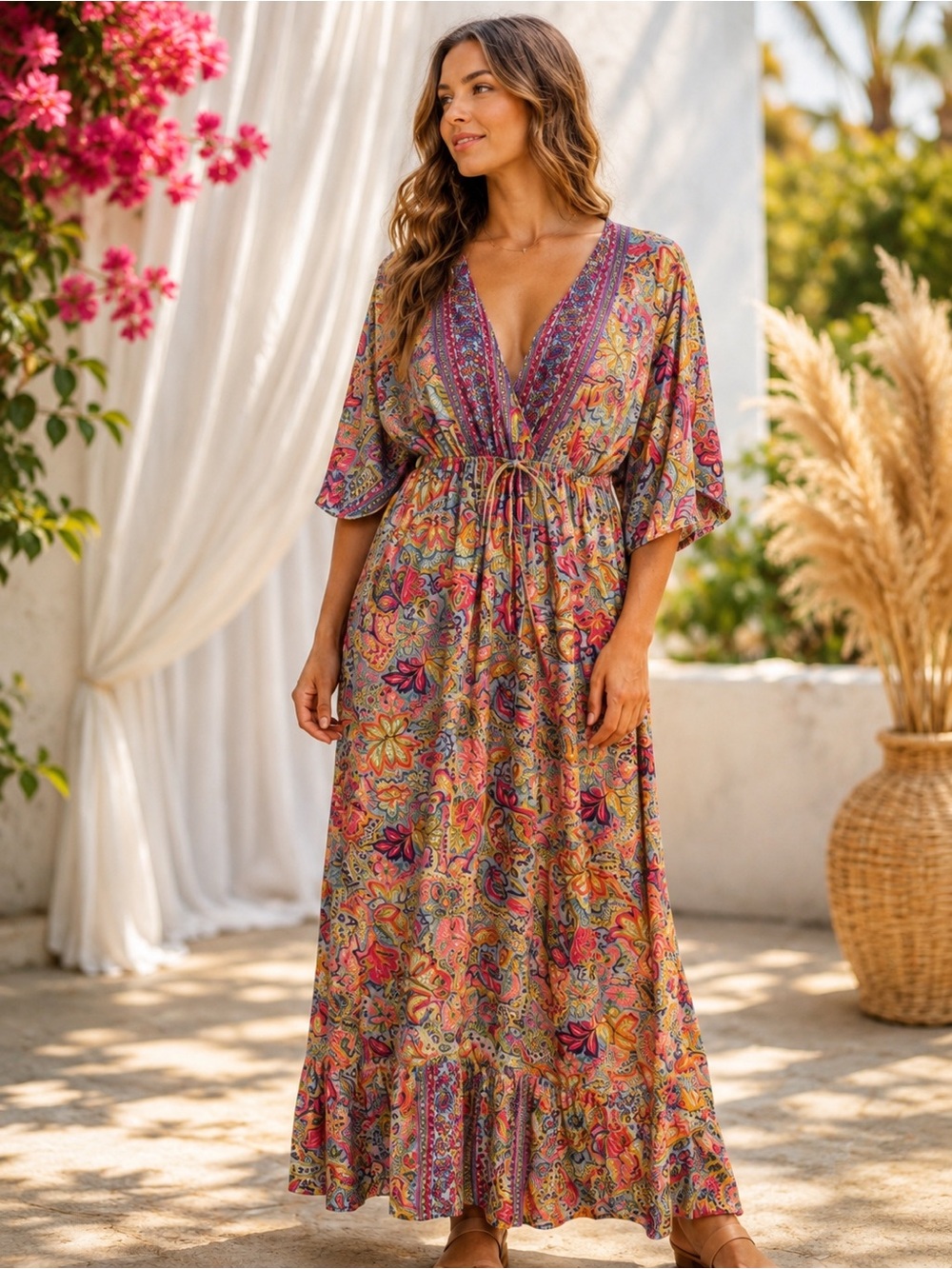 Elegant Floral Maxi Dress with V-Neck